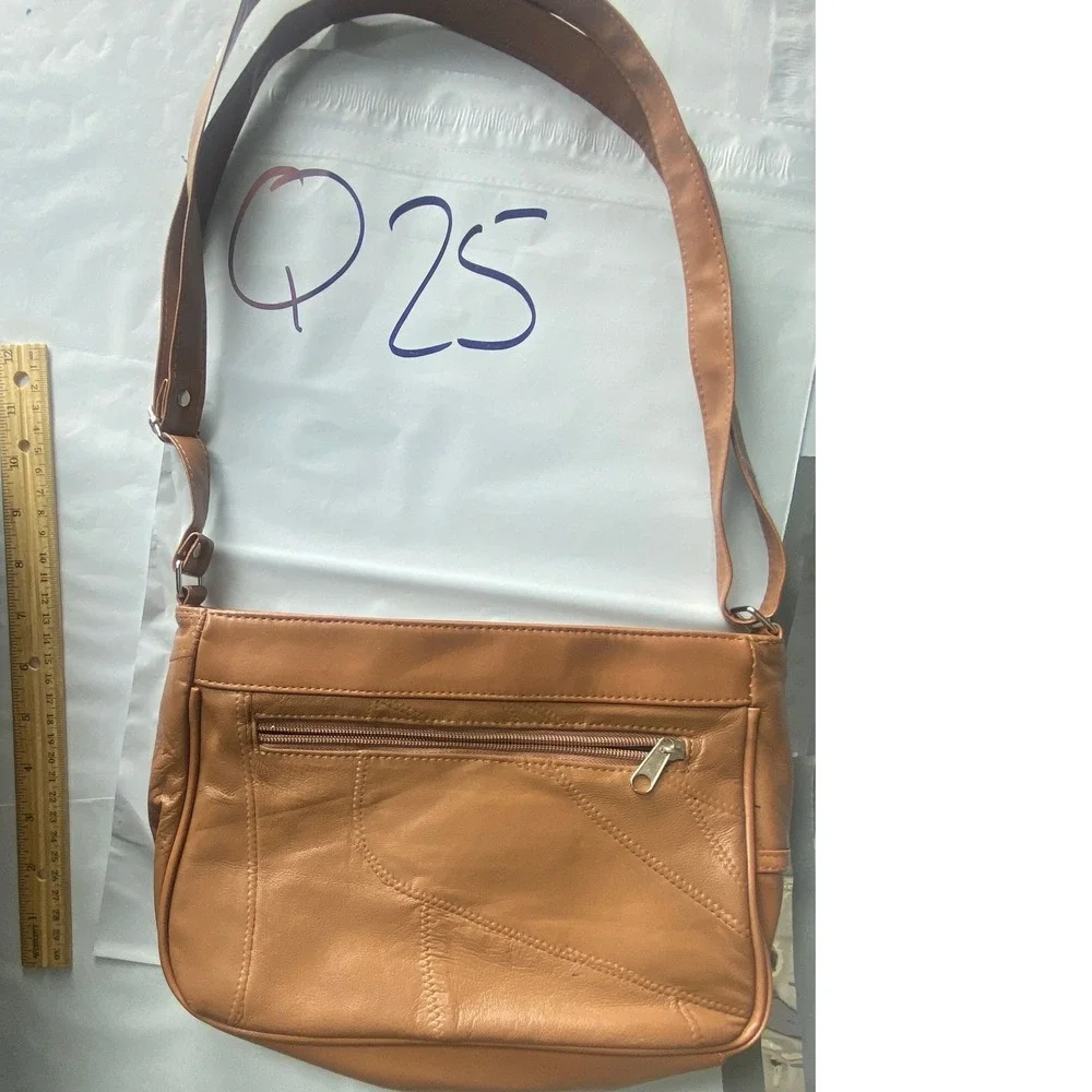 Brown Leather Patchwork Crossbody Bag Adjustable‎ Strap Zip Pockets